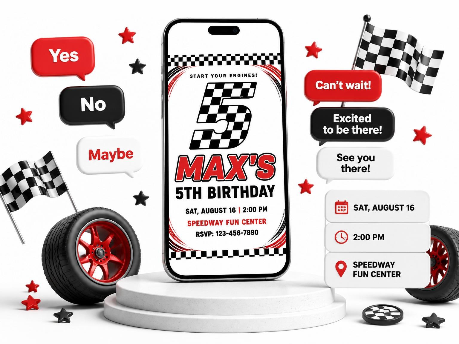 The Checkered Flag Racing 5th Birthday invitation on a phone, with guest RSVPs arriving around it