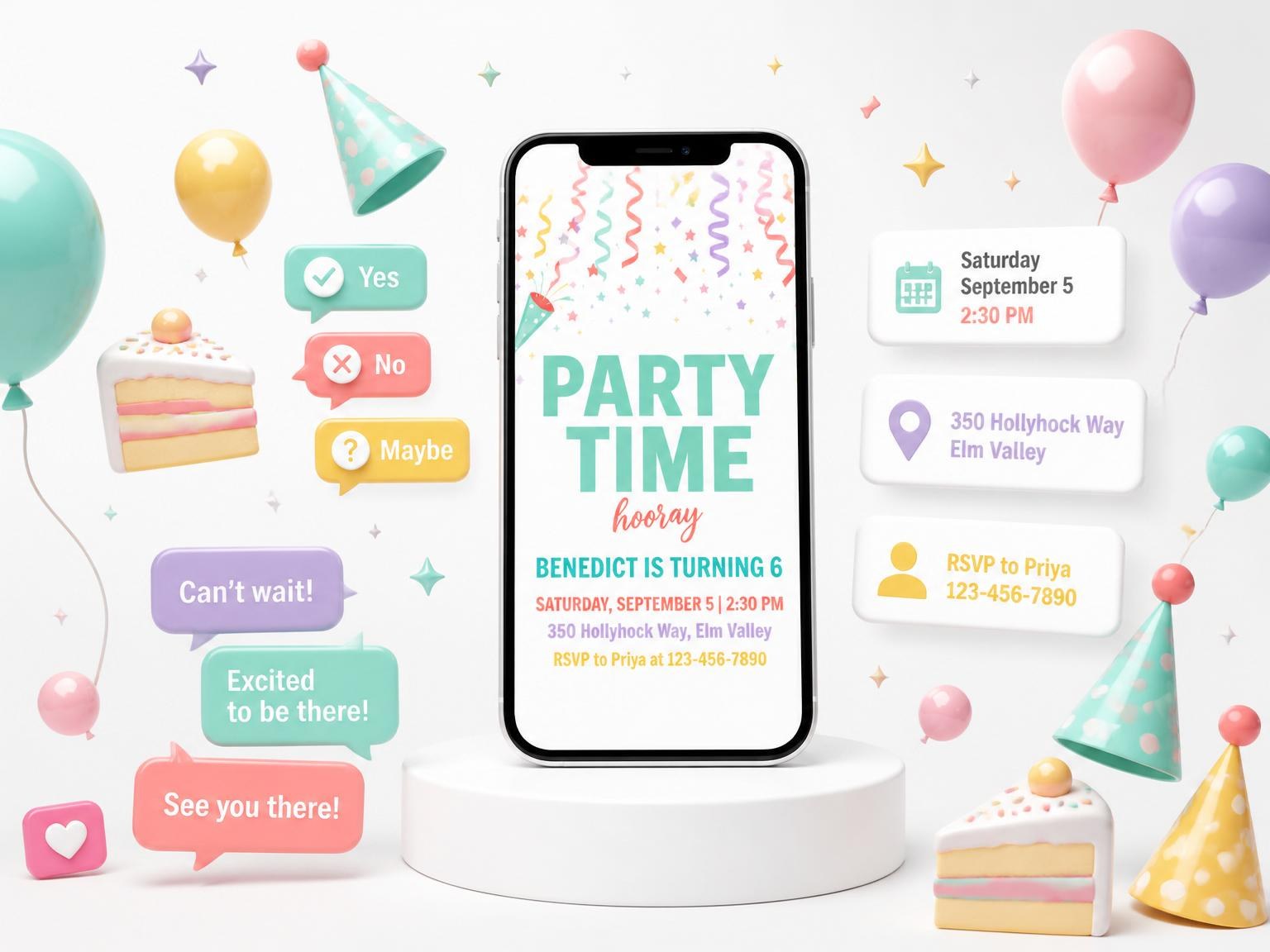 The Pastel Confetti Party Poppers 6th Birthday invitation on a phone, with guest RSVPs arriving around it