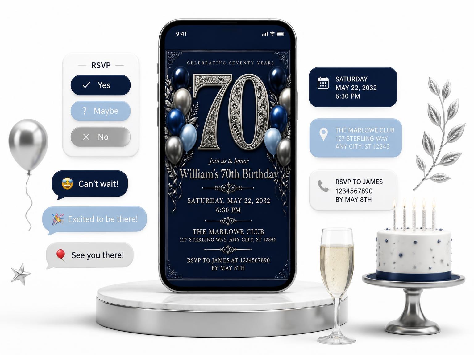 The Navy Silver Filigree 70th Birthday Invitation invitation on a phone, with guest RSVPs arriving around it