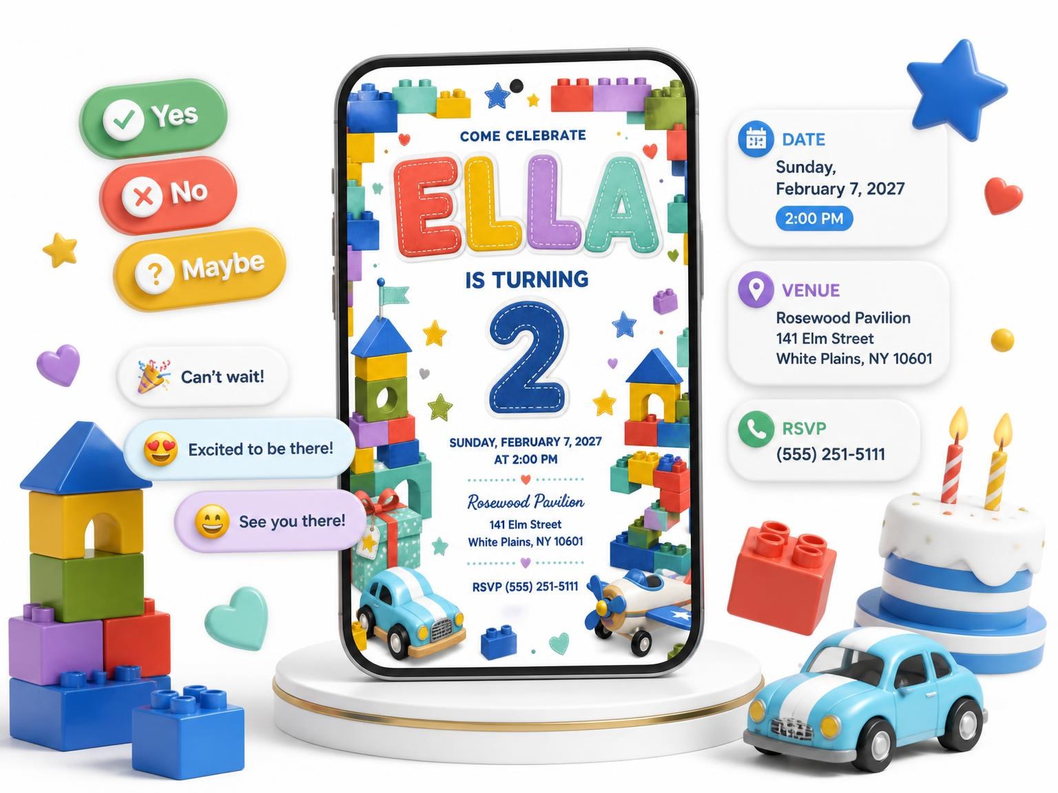 The Stitched Toy Blocks 2nd Birthday Invitation invitation on a phone, with guest RSVPs arriving around it