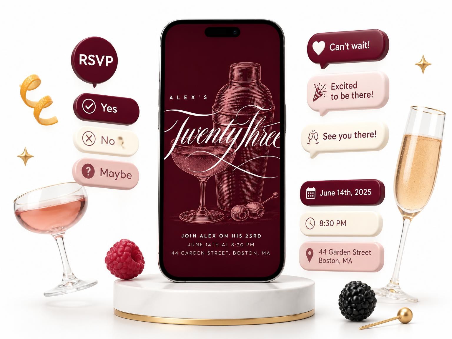 The Burgundy Cocktail 23rd Birthday Invitation invitation on a phone, with guest RSVPs arriving around it