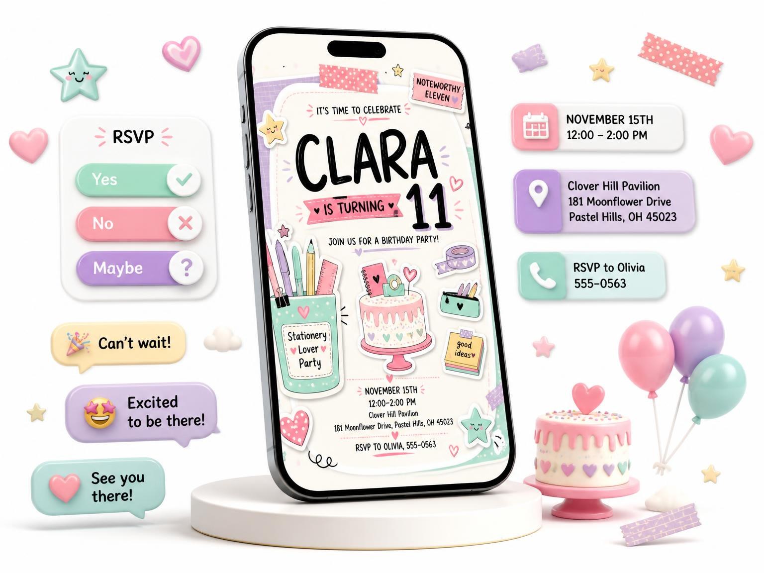 The Organizer Cup Pastel 11th Birthday Invitation invitation on a phone, with guest RSVPs arriving around it