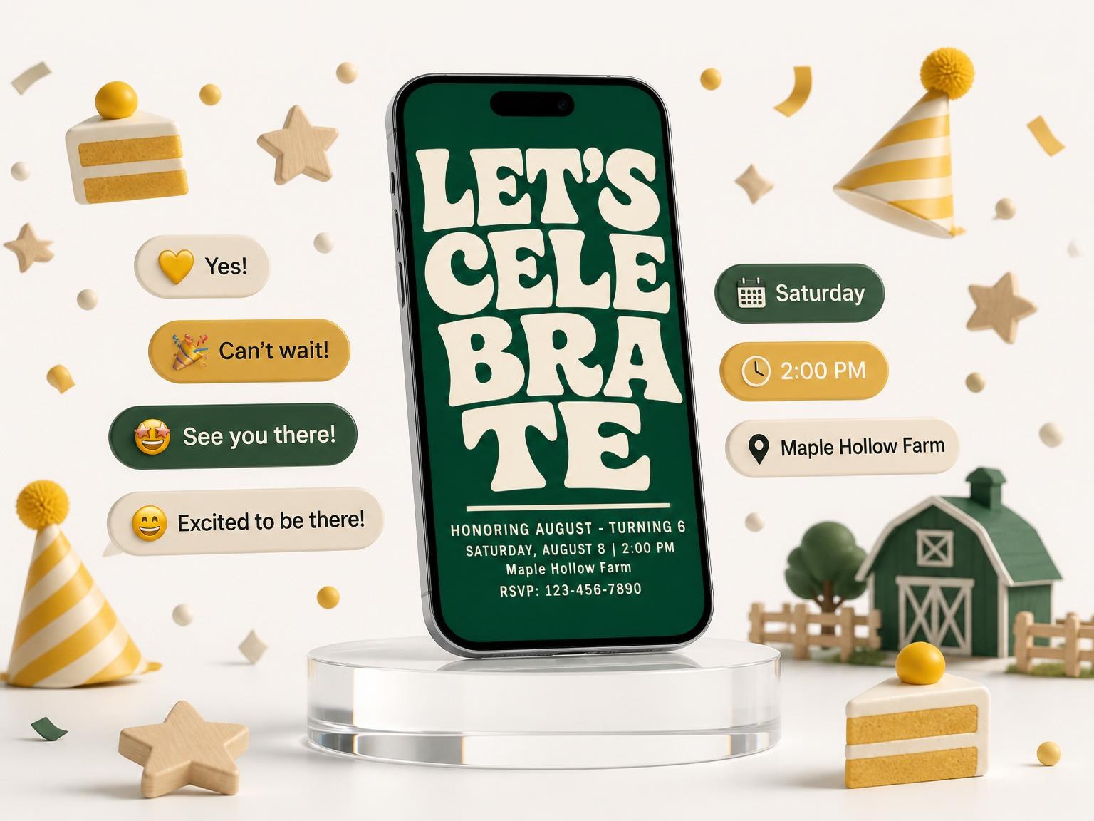 The Forest Green Retro Typography Invitation invitation on a phone, with guest RSVPs arriving around it