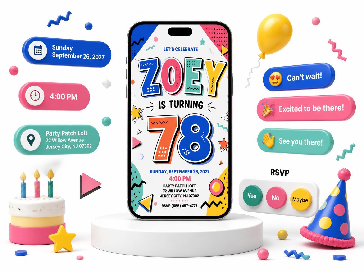 The Memphis Pop 78th Birthday Invitation invitation on a phone, with guest RSVPs arriving around it