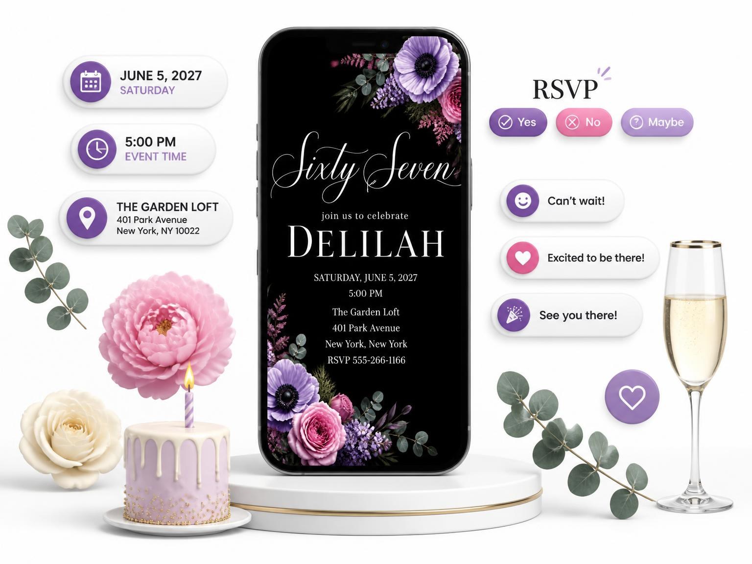 The Black Floral 67th Birthday Invitation invitation on a phone, with guest RSVPs arriving around it