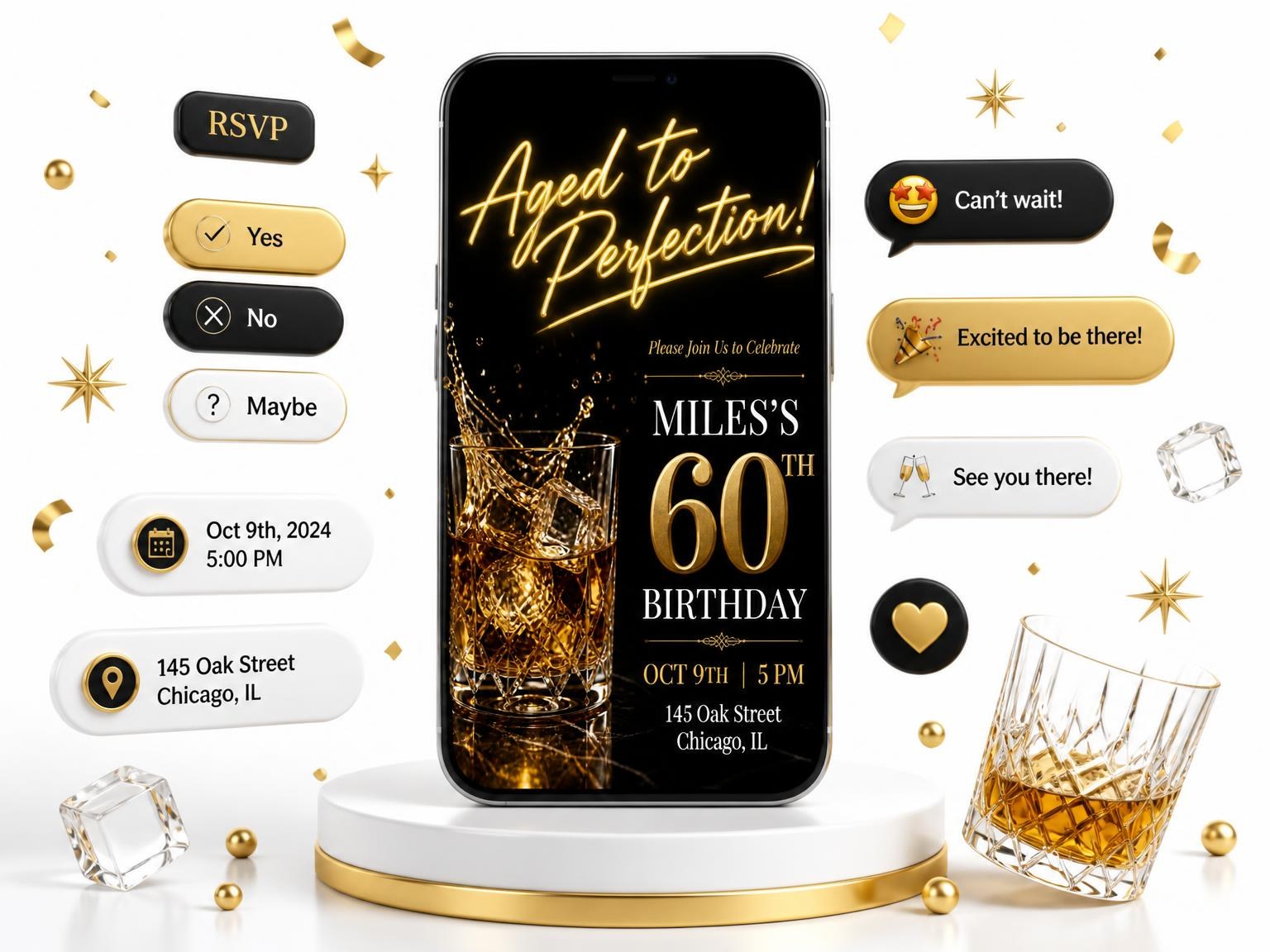 The Whiskey Glass 60th Birthday Invitation invitation on a phone, with guest RSVPs arriving around it