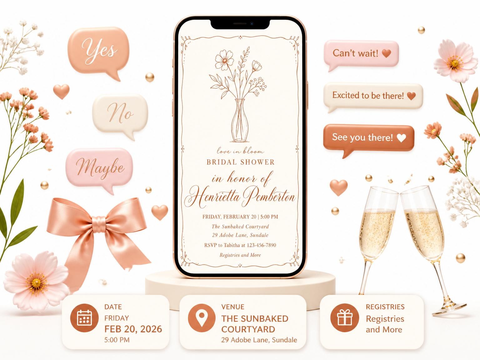 The Terracotta Line Art Floral Bridal Shower invitation on a phone, with guest RSVPs arriving around it