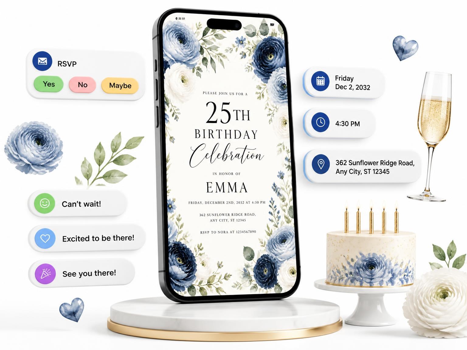 The Botanical Dusty Blue 25th Birthday Invitation invitation on a phone, with guest RSVPs arriving around it