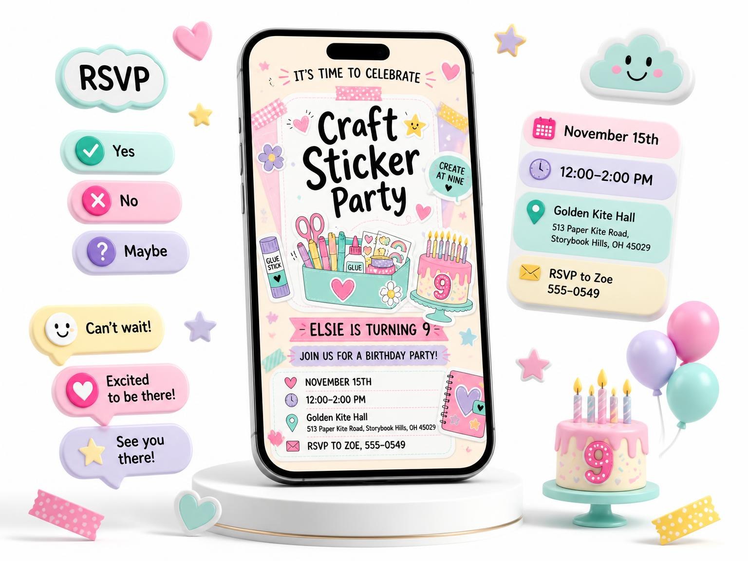 The Organizer Caddy Pastel 9th Birthday Invitation invitation on a phone, with guest RSVPs arriving around it