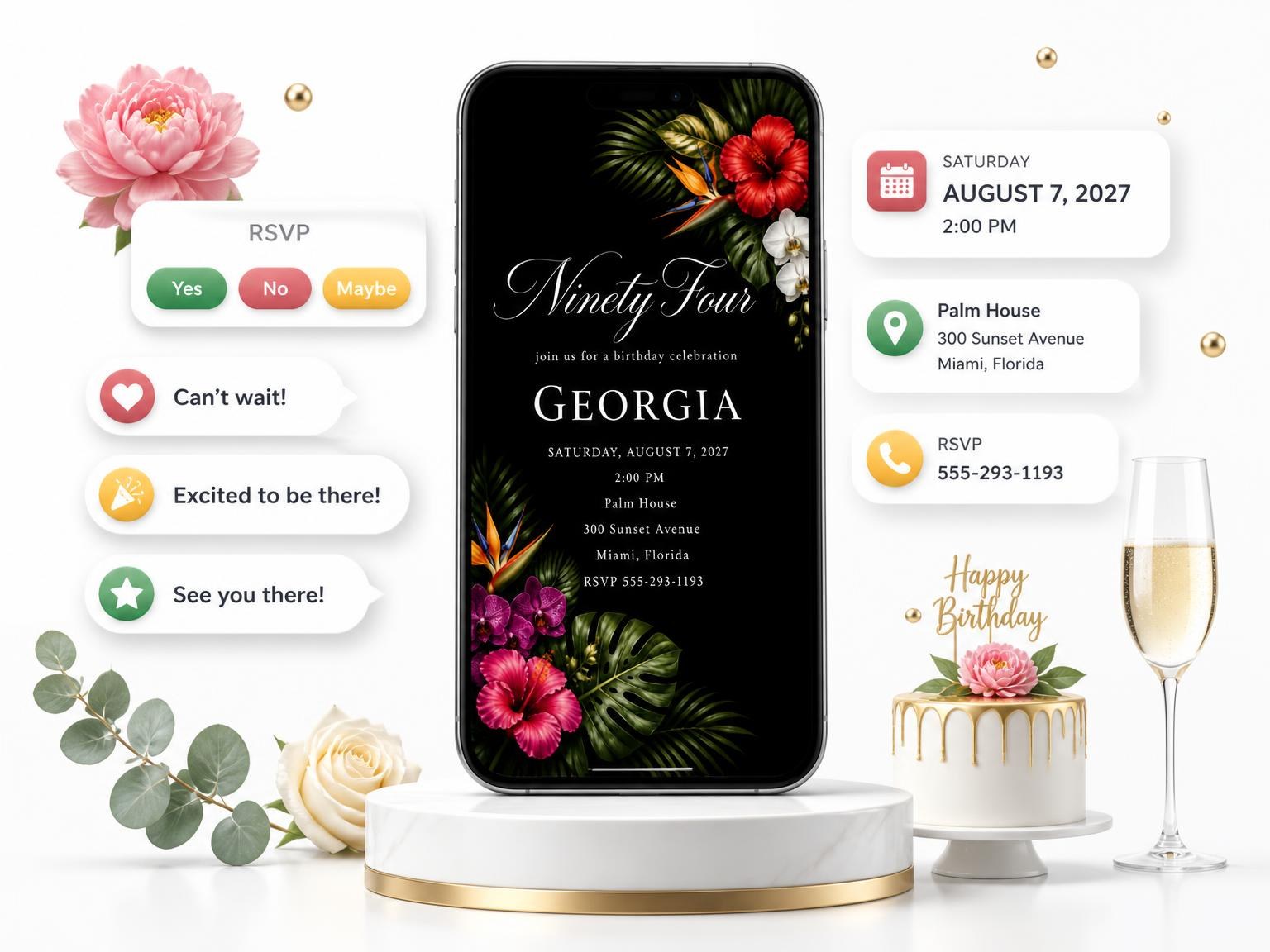 The Black Floral 94th Birthday Invitation invitation on a phone, with guest RSVPs arriving around it