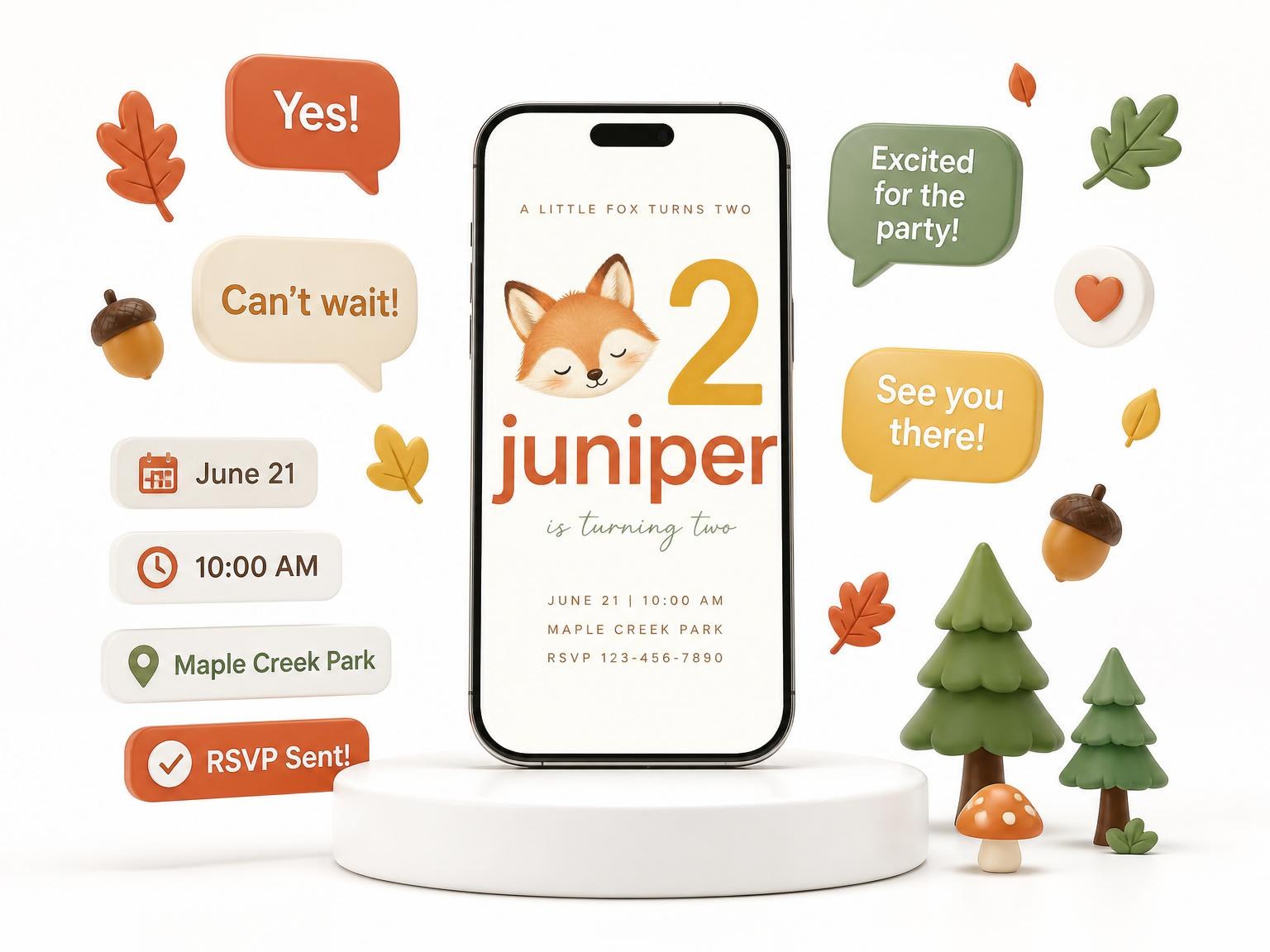 The Earthy Watercolor Fox 2nd Birthday invitation on a phone, with guest RSVPs arriving around it