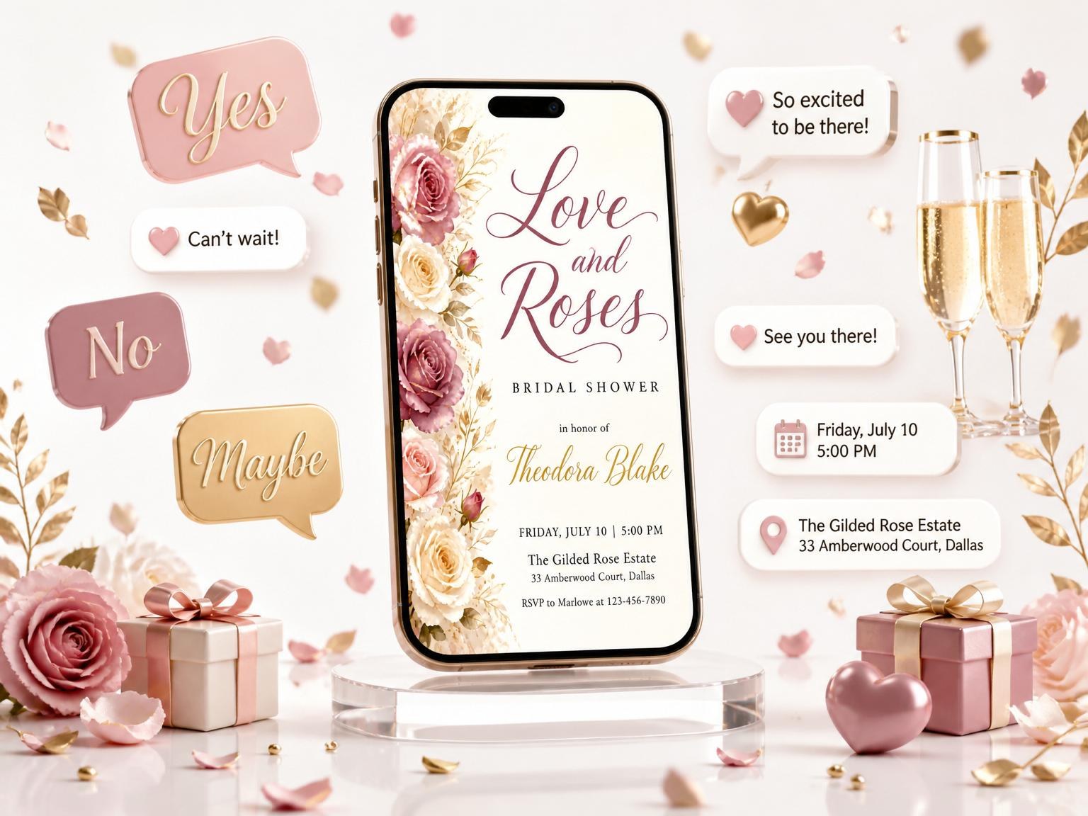 The Dusty Rose Floral Bridal Shower invitation on a phone, with guest RSVPs arriving around it