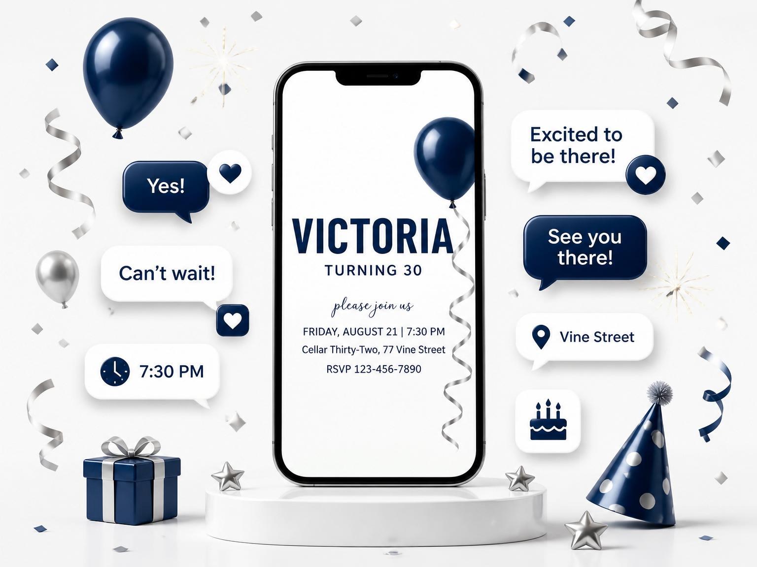 The Navy Balloon 30th Birthday invitation on a phone, with guest RSVPs arriving around it