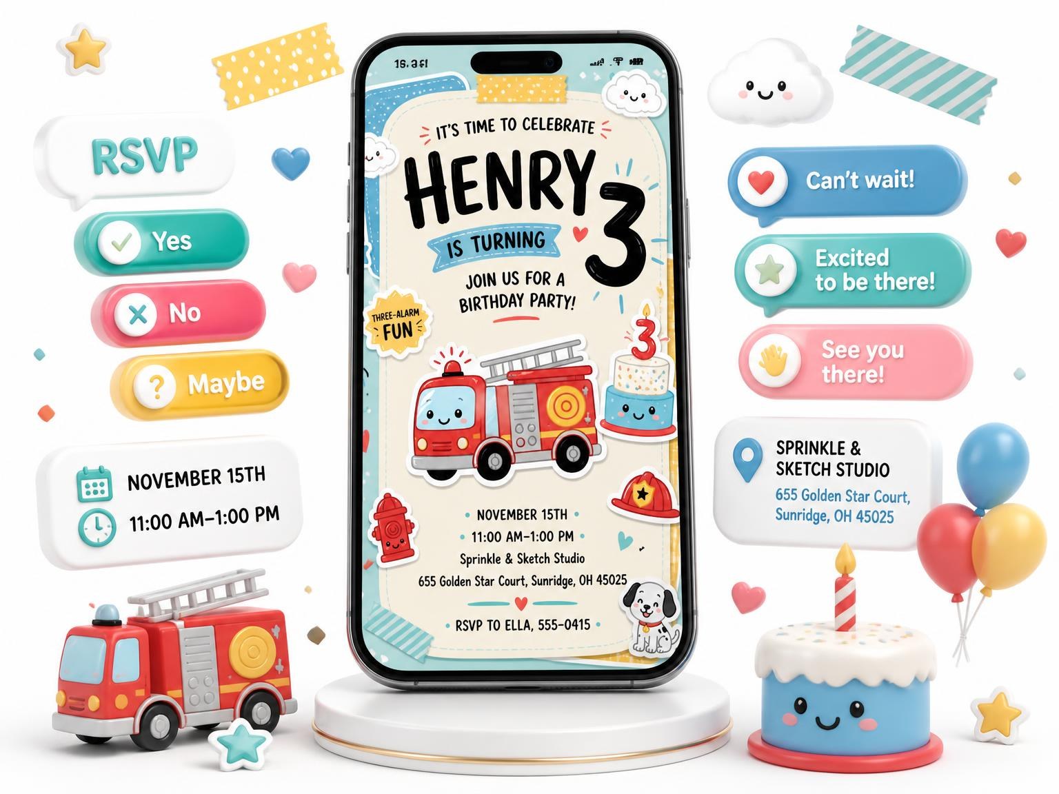 The Firetruck Pastel 3rd Birthday Invitation invitation on a phone, with guest RSVPs arriving around it
