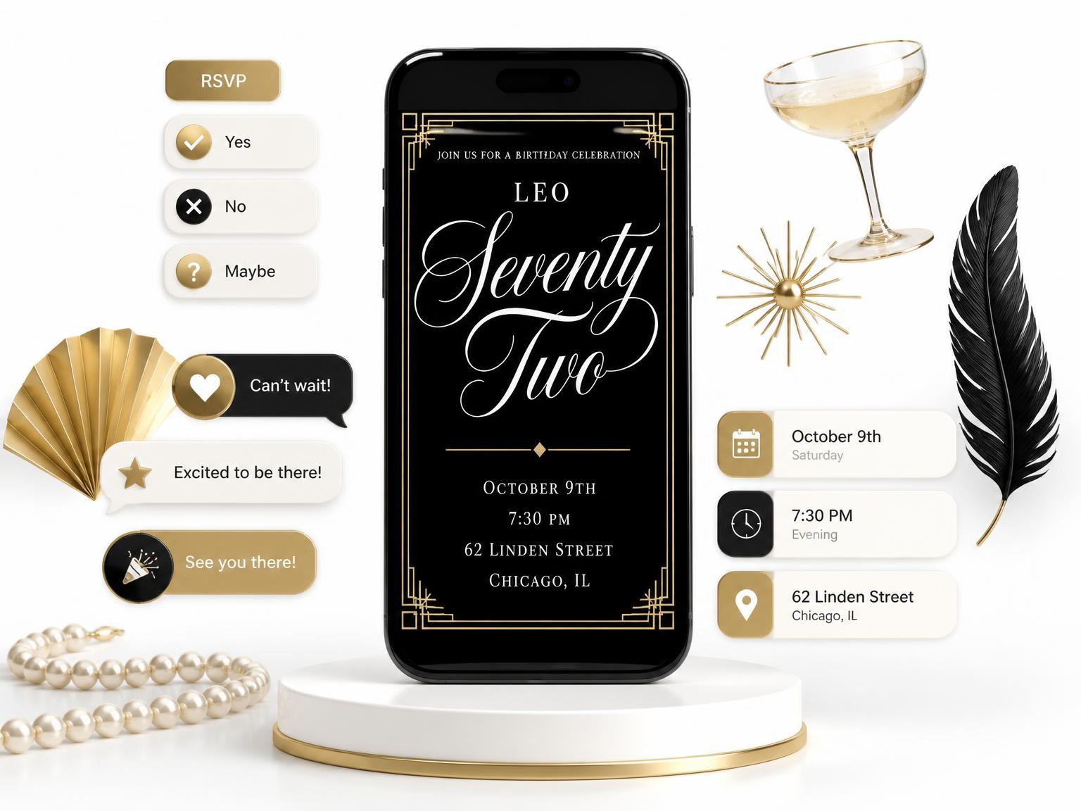 The Art Deco 72nd Birthday Invitation invitation on a phone, with guest RSVPs arriving around it