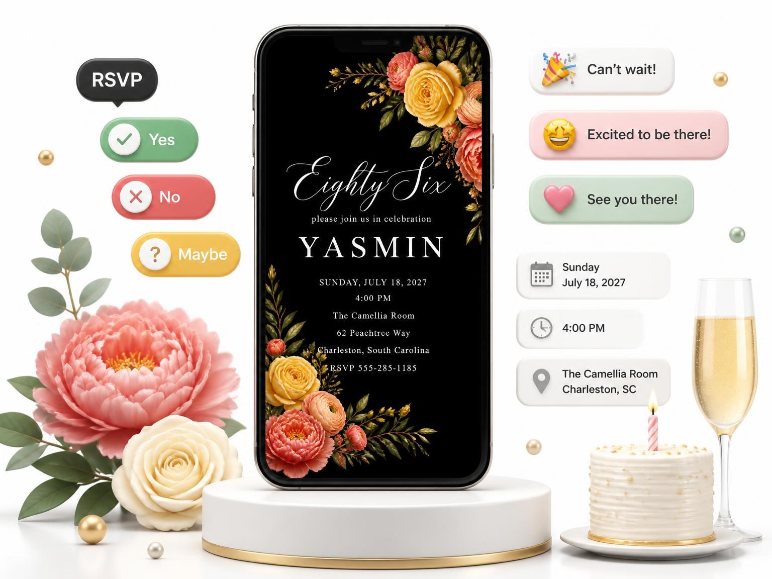 The Black Floral 86th Birthday Invitation invitation on a phone, with guest RSVPs arriving around it