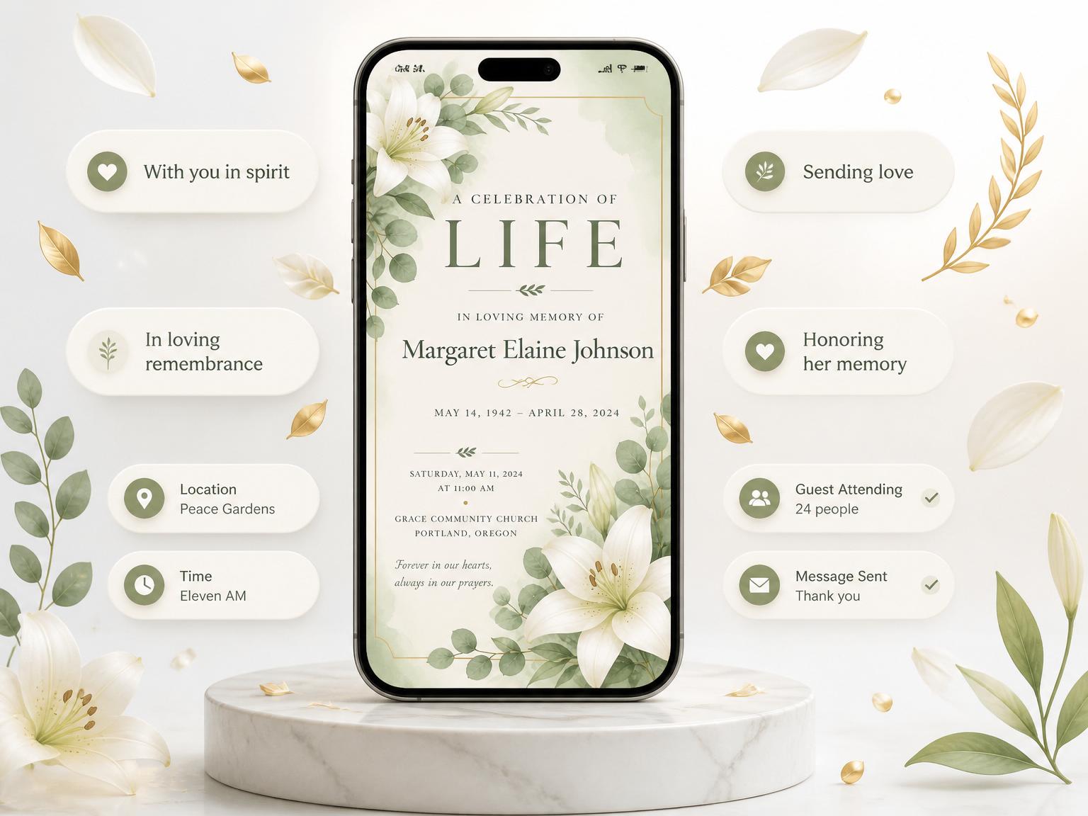 The Celebration of Life invitation on a phone, with guest RSVPs arriving around it