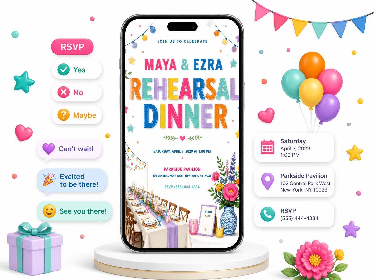 The Garden Rehearsal Dinner Invitation invitation on a phone, with guest RSVPs arriving around it