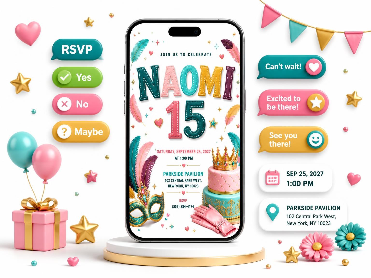 The Masquerade Mask 15th Birthday Party Invitation invitation on a phone, with guest RSVPs arriving around it