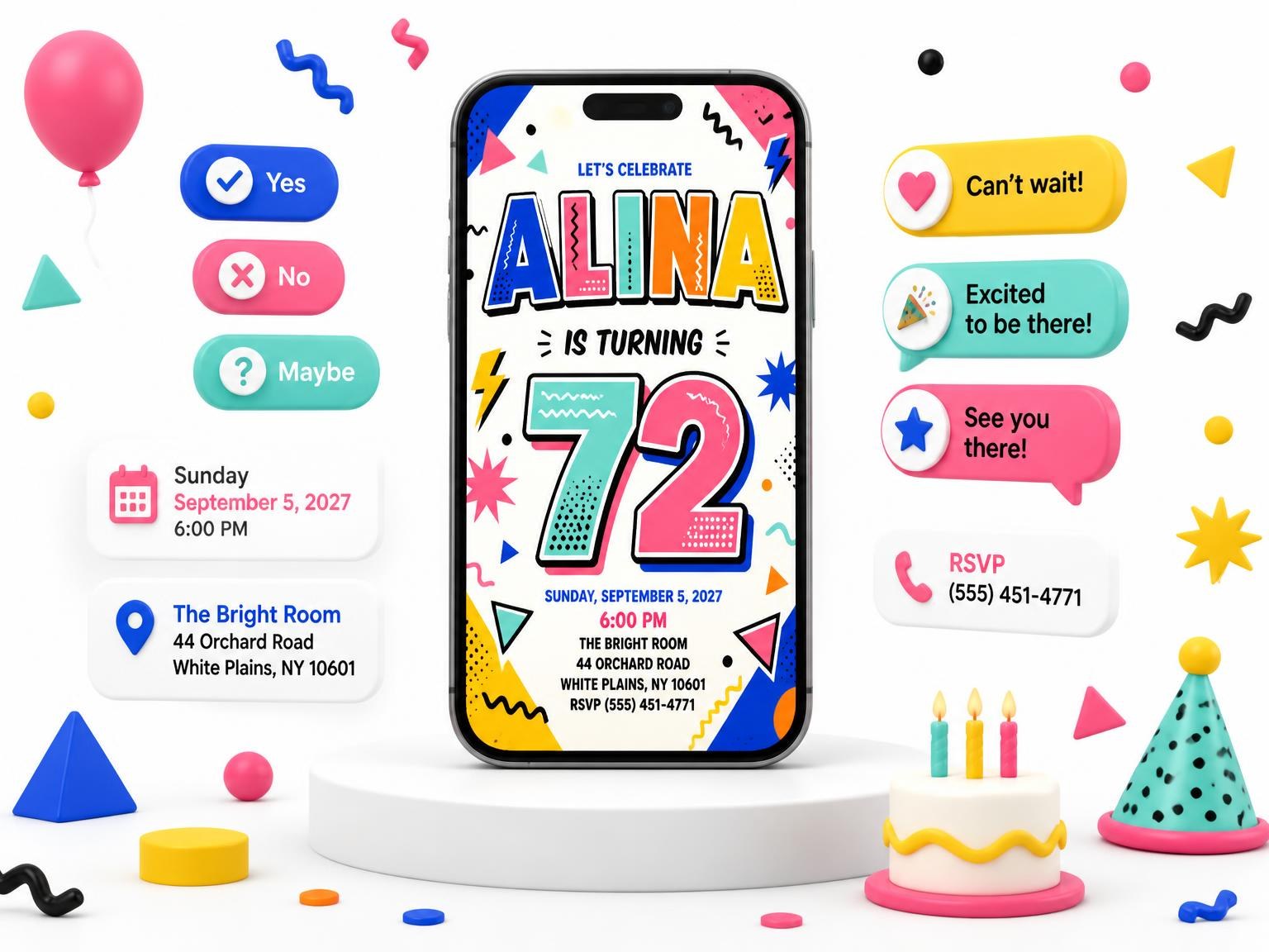 The Memphis Pop 72nd Birthday Invitation invitation on a phone, with guest RSVPs arriving around it
