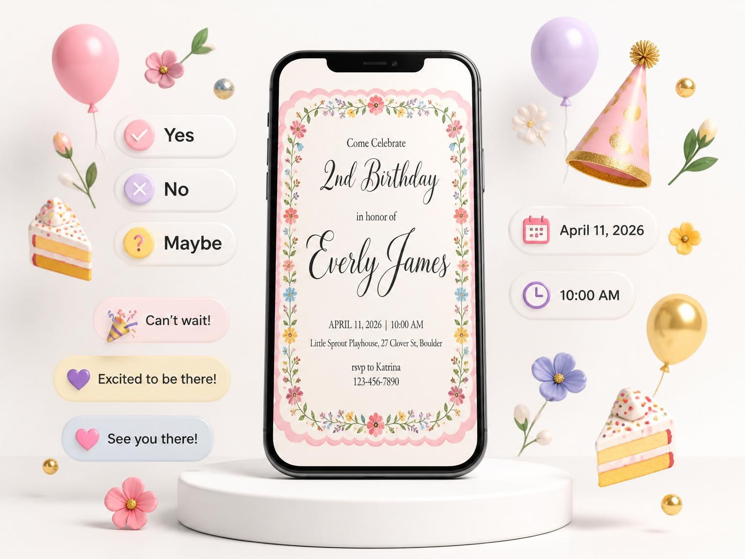 The Cream Floral Vine 2nd Birthday invitation on a phone, with guest RSVPs arriving around it