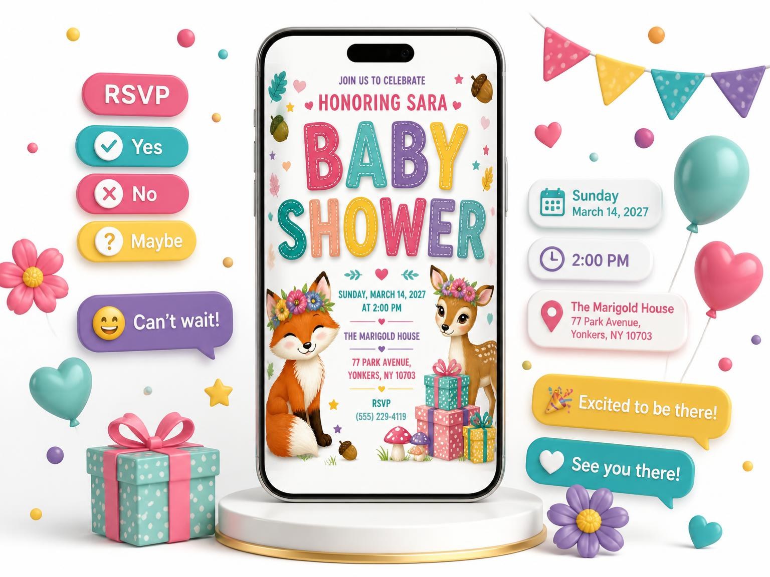 The Baby Fox Baby Shower Invitation invitation on a phone, with guest RSVPs arriving around it