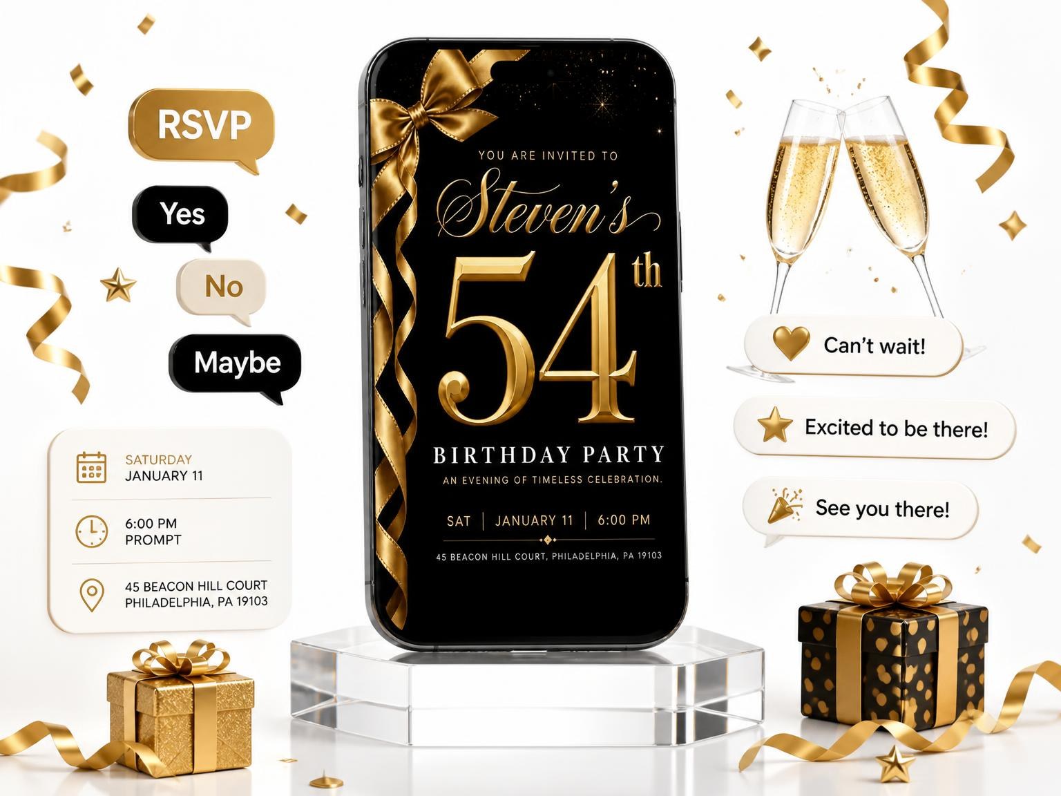 The Black and Gold Ribbon 54th Birthday invitation on a phone, with guest RSVPs arriving around it
