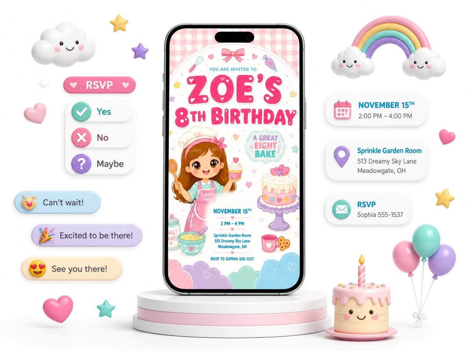 The Kawaii Baker 8th Birthday Invitation invitation on a phone, with guest RSVPs arriving around it