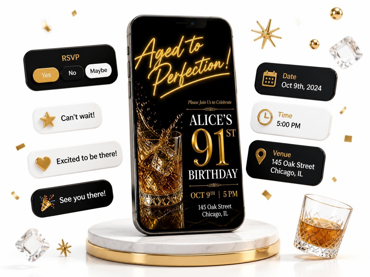 The Whiskey Tumbler 91st Birthday Invitation invitation on a phone, with guest RSVPs arriving around it