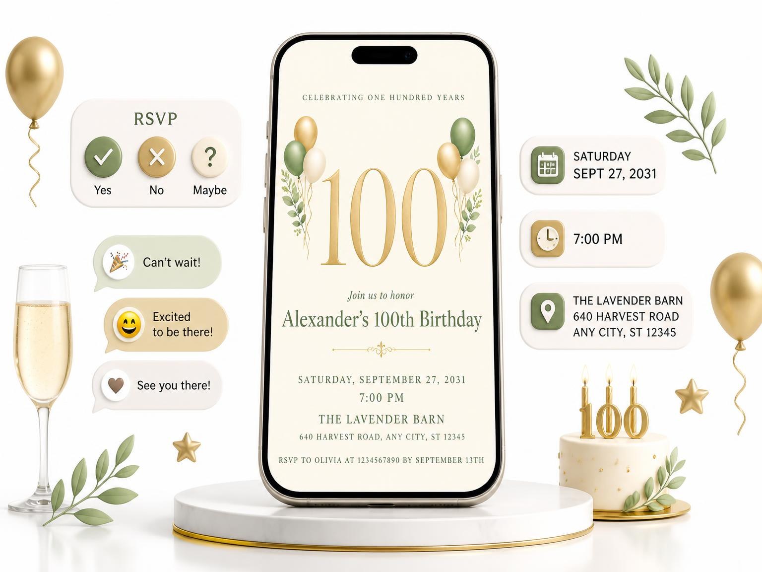 The Sage and Ivory 100th Birthday Invitation invitation on a phone, with guest RSVPs arriving around it