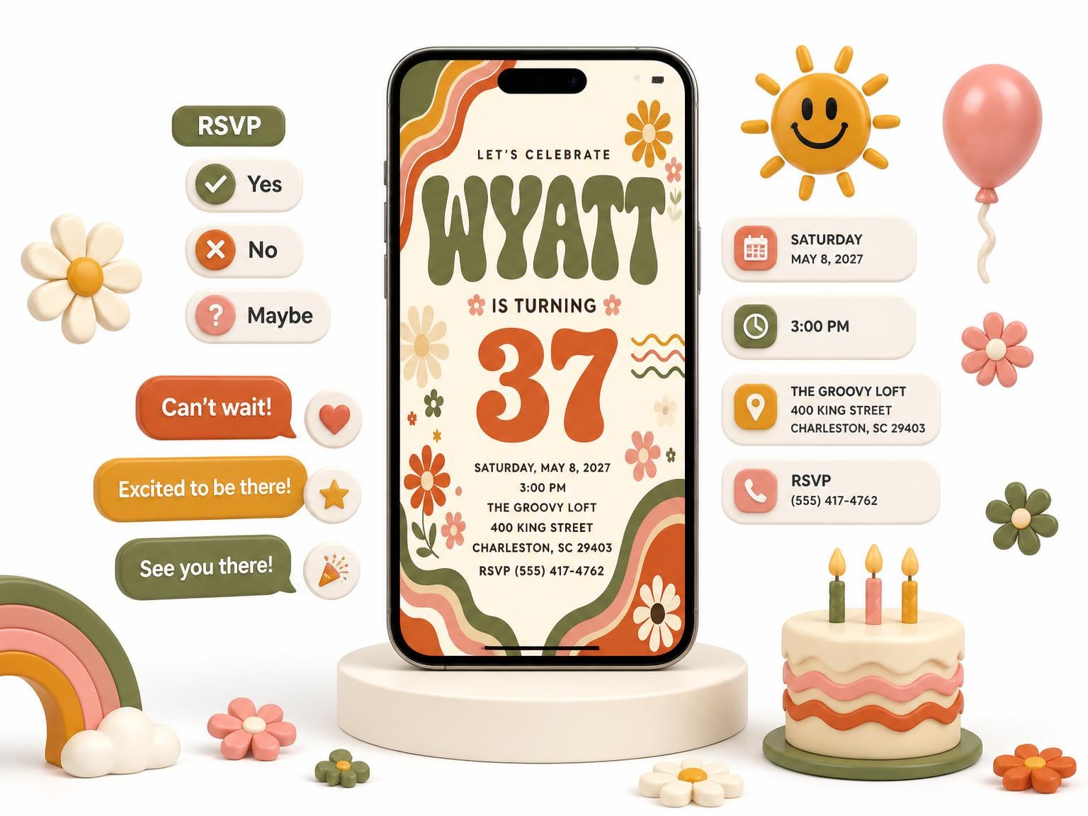 The Groovy Retro 37th Birthday Invitation invitation on a phone, with guest RSVPs arriving around it