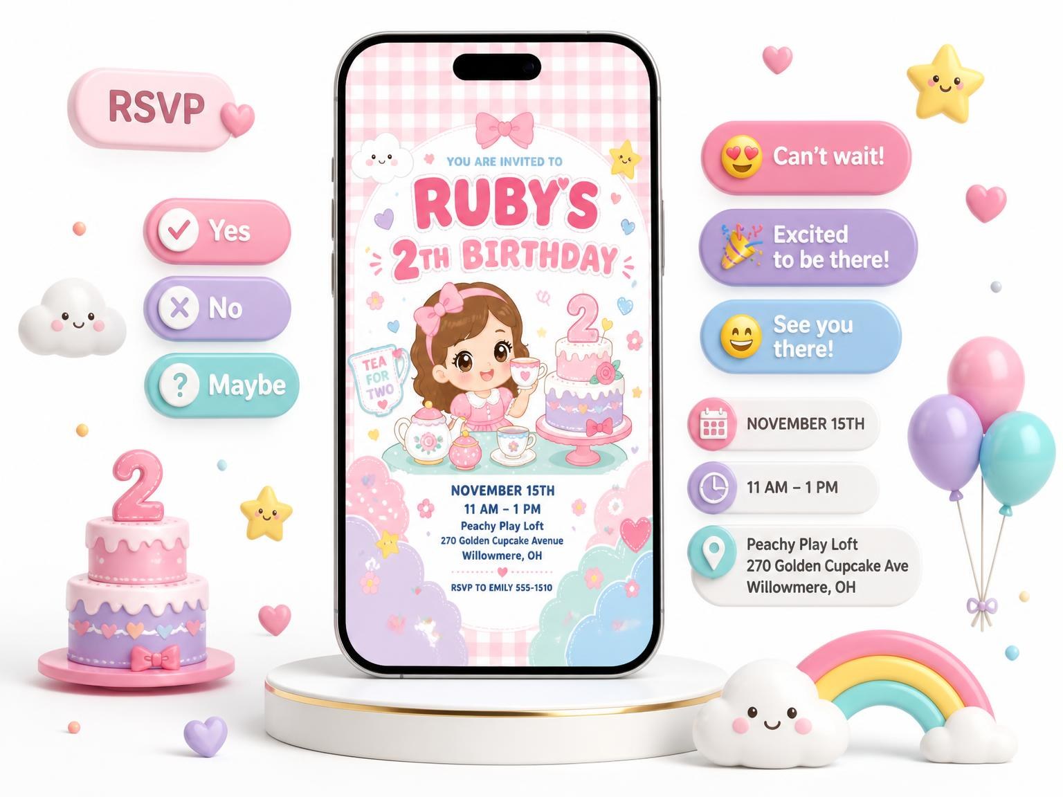 The Kawaii Tea For Two 2nd Birthday Invitation invitation on a phone, with guest RSVPs arriving around it