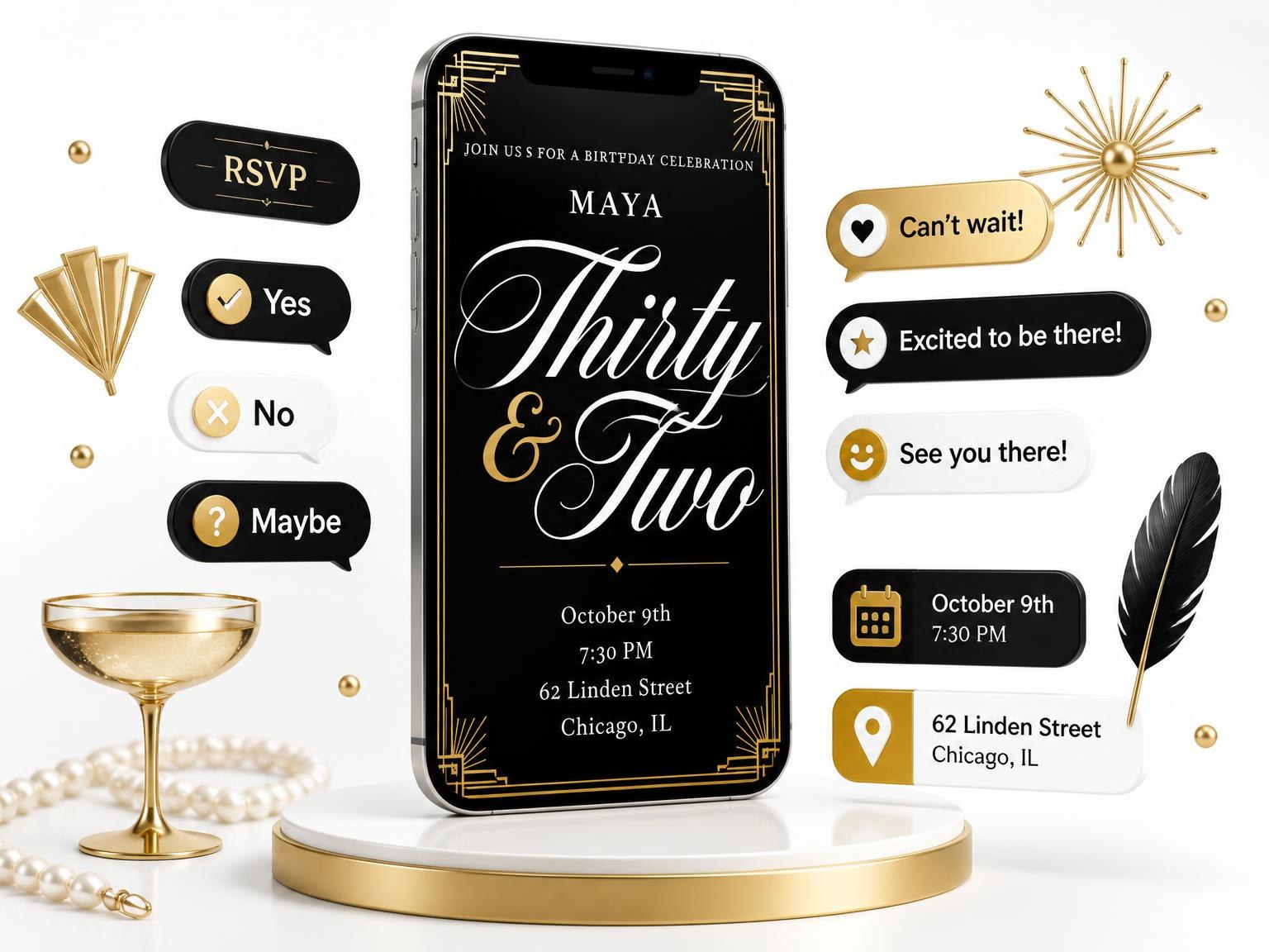 The Art Deco 32nd Birthday Invitation invitation on a phone, with guest RSVPs arriving around it