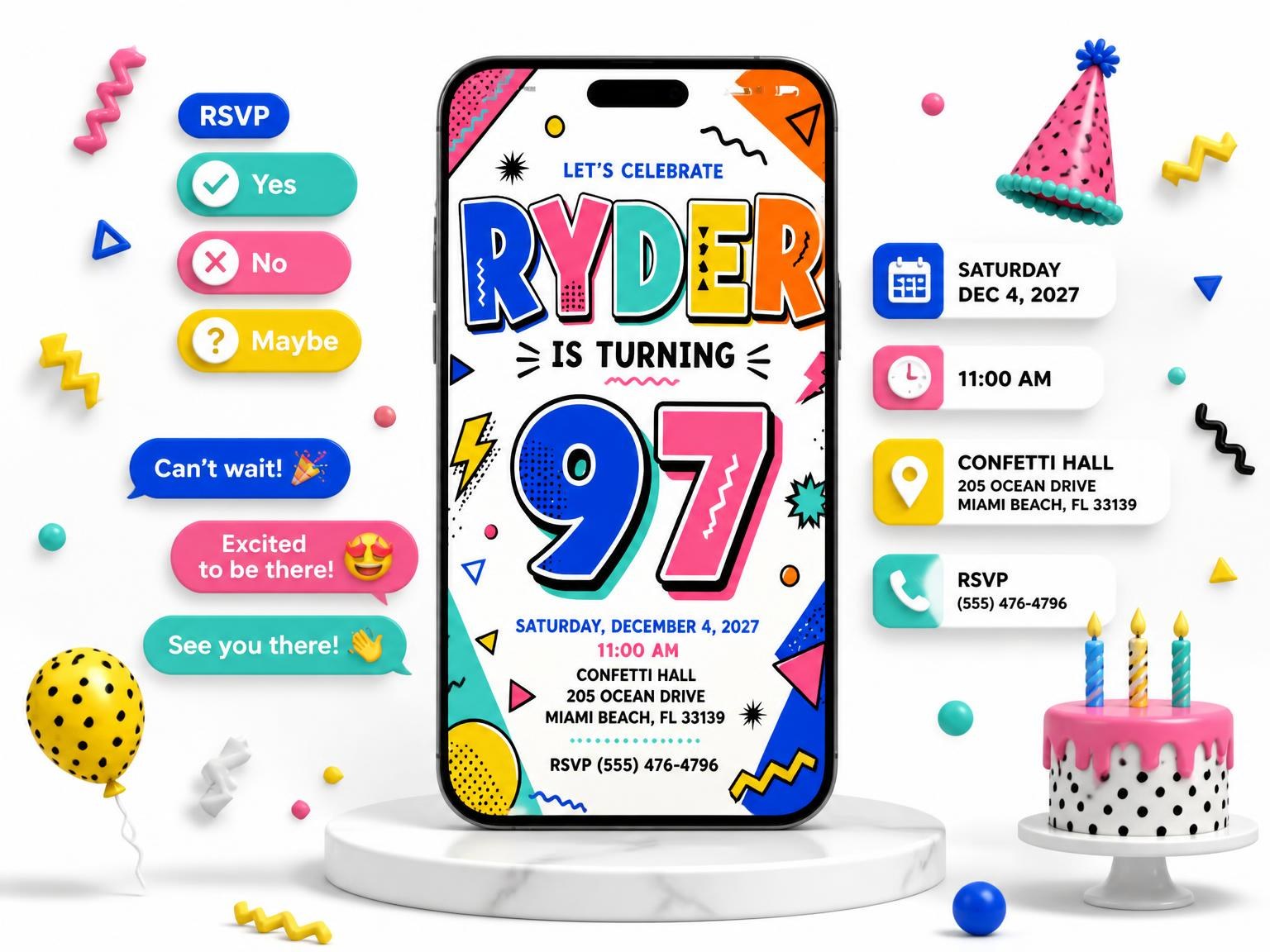 The Memphis Pop 97th Birthday Invitation invitation on a phone, with guest RSVPs arriving around it