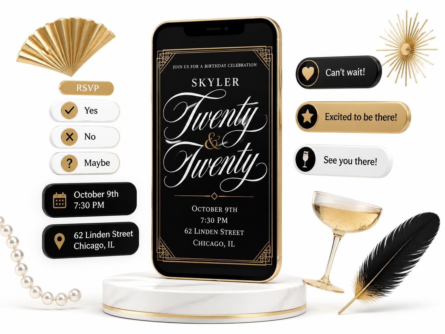 The Art Deco 40th Birthday Invitation invitation on a phone, with guest RSVPs arriving around it