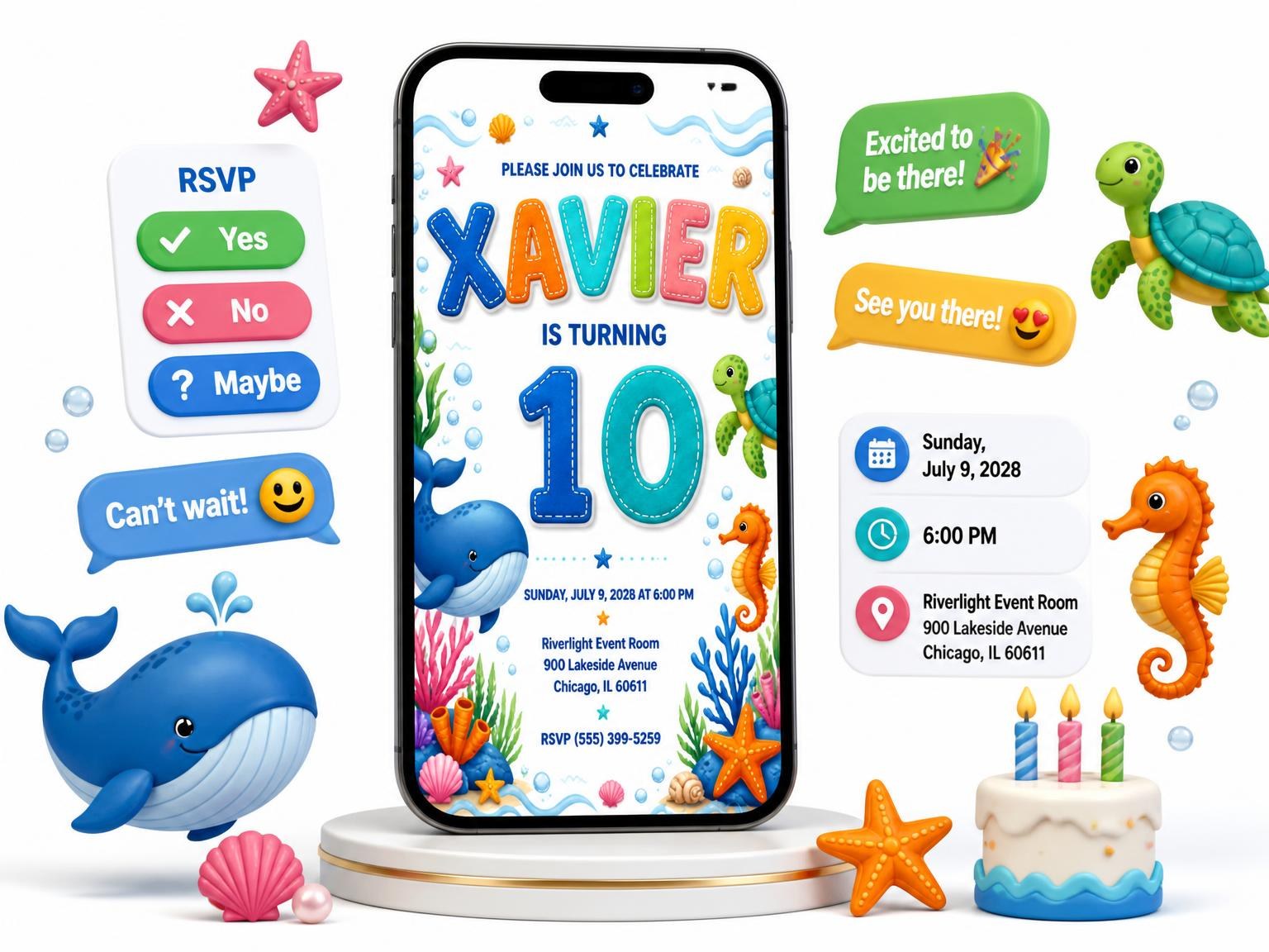 The Stitched Under the Sea 10th Birthday Invitation invitation on a phone, with guest RSVPs arriving around it