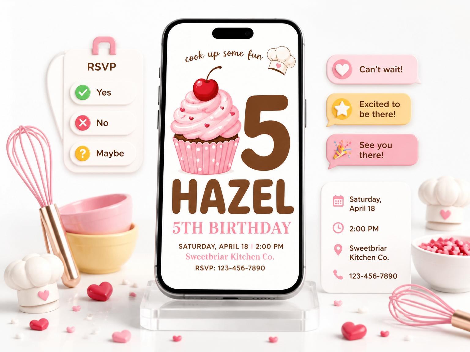 The Pink Cupcake Chef 5th Birthday invitation on a phone, with guest RSVPs arriving around it