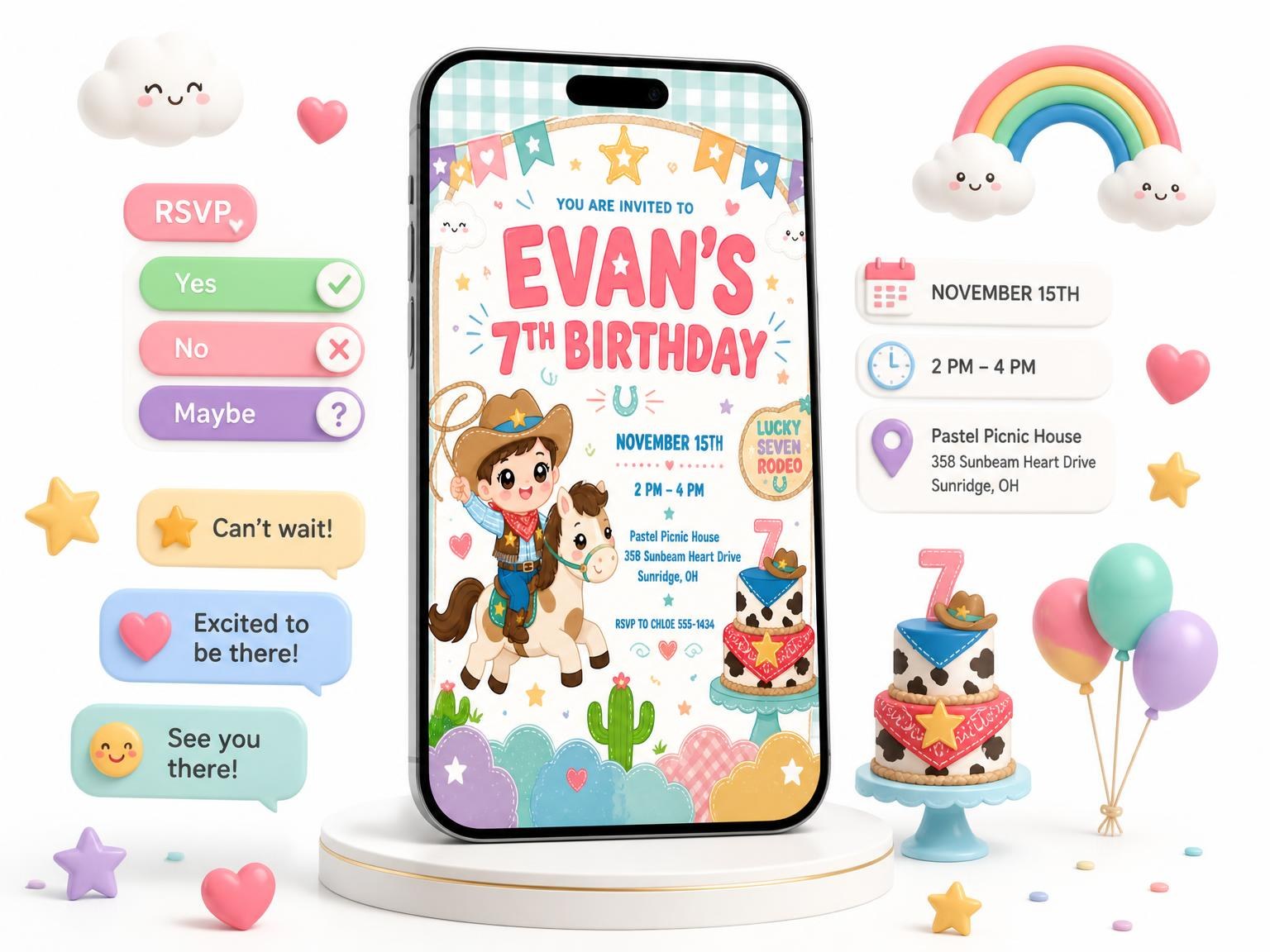 The Cowboy Kawaii Pastel 7th Birthday Invitation invitation on a phone, with guest RSVPs arriving around it