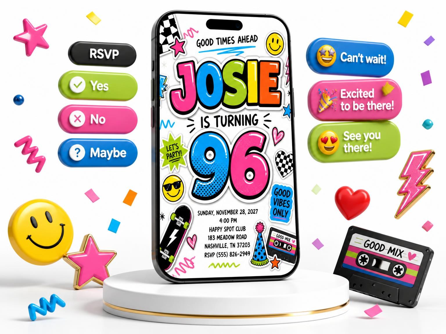 The Sticker Pop 96th Birthday Invitation invitation on a phone, with guest RSVPs arriving around it
