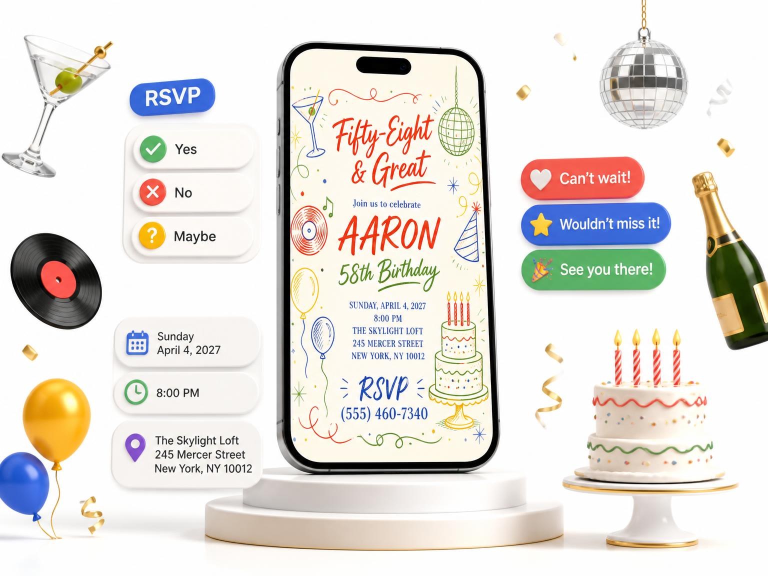 The Retro Doodle 58th Birthday Invitation invitation on a phone, with guest RSVPs arriving around it