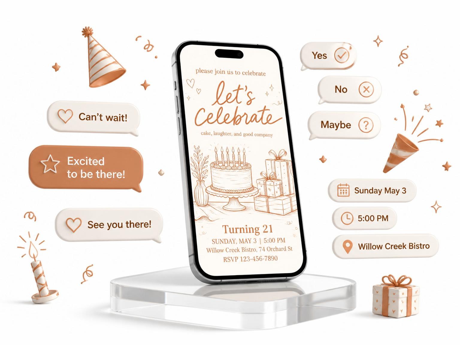 The Terracotta Line-Art 21st Birthday Invitation invitation on a phone, with guest RSVPs arriving around it