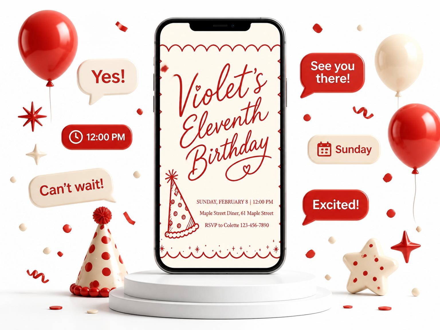 The Red Scalloped Party Hat 11th Birthday invitation on a phone, with guest RSVPs arriving around it