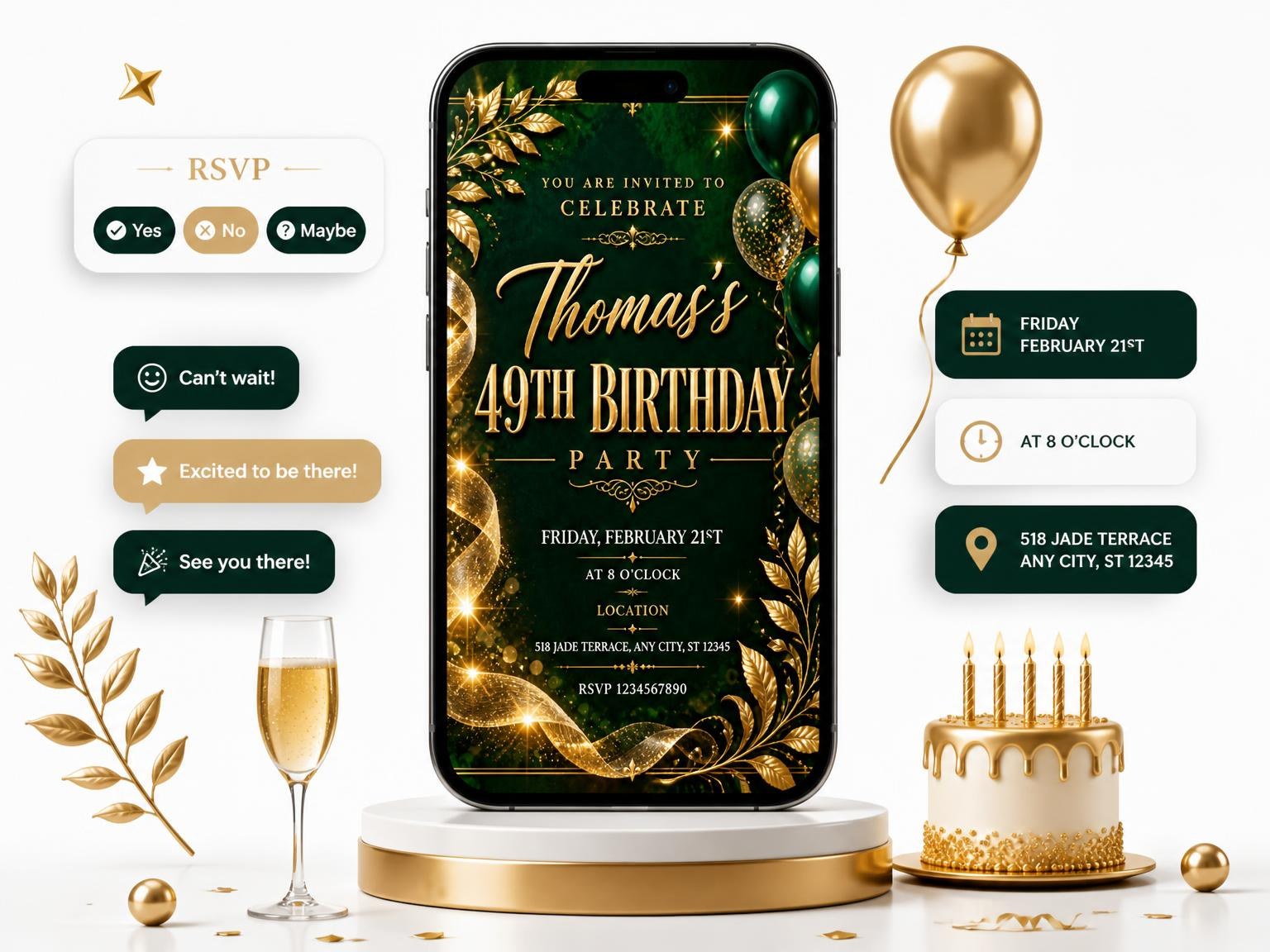 The Emerald and Champagne 49th Birthday Invitation invitation on a phone, with guest RSVPs arriving around it