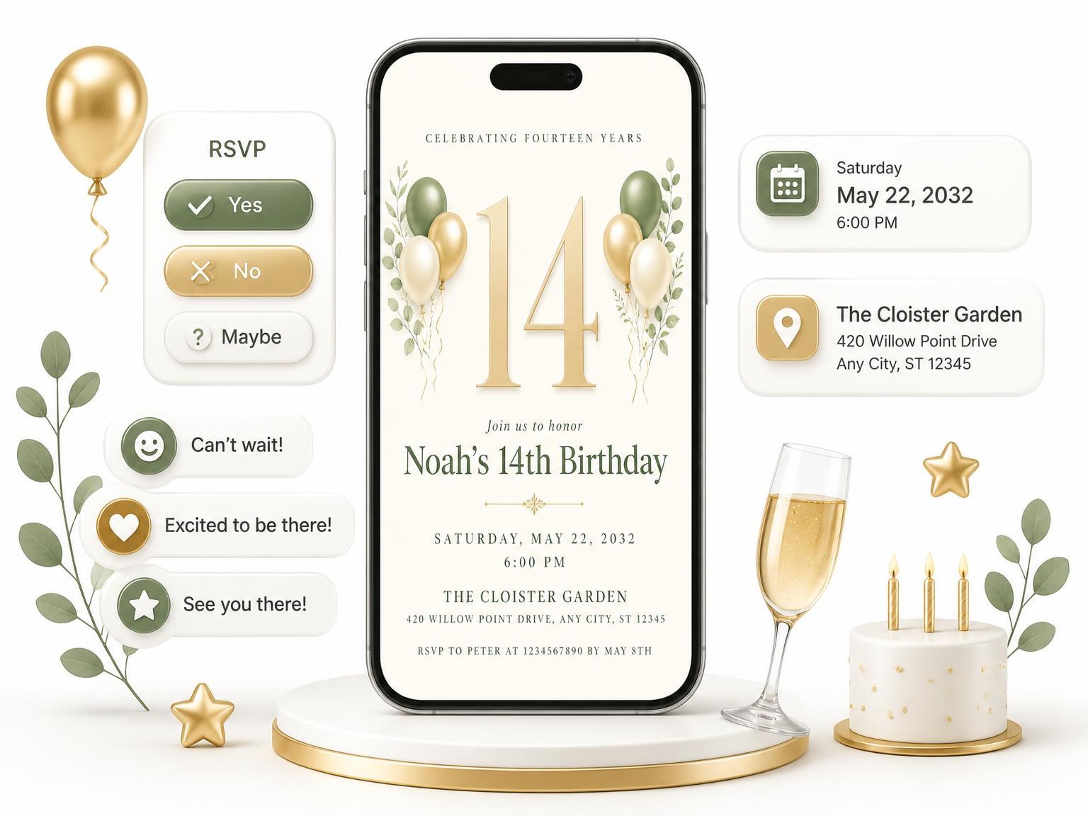 The Sage and Ivory 14th Birthday Invitation invitation on a phone, with guest RSVPs arriving around it