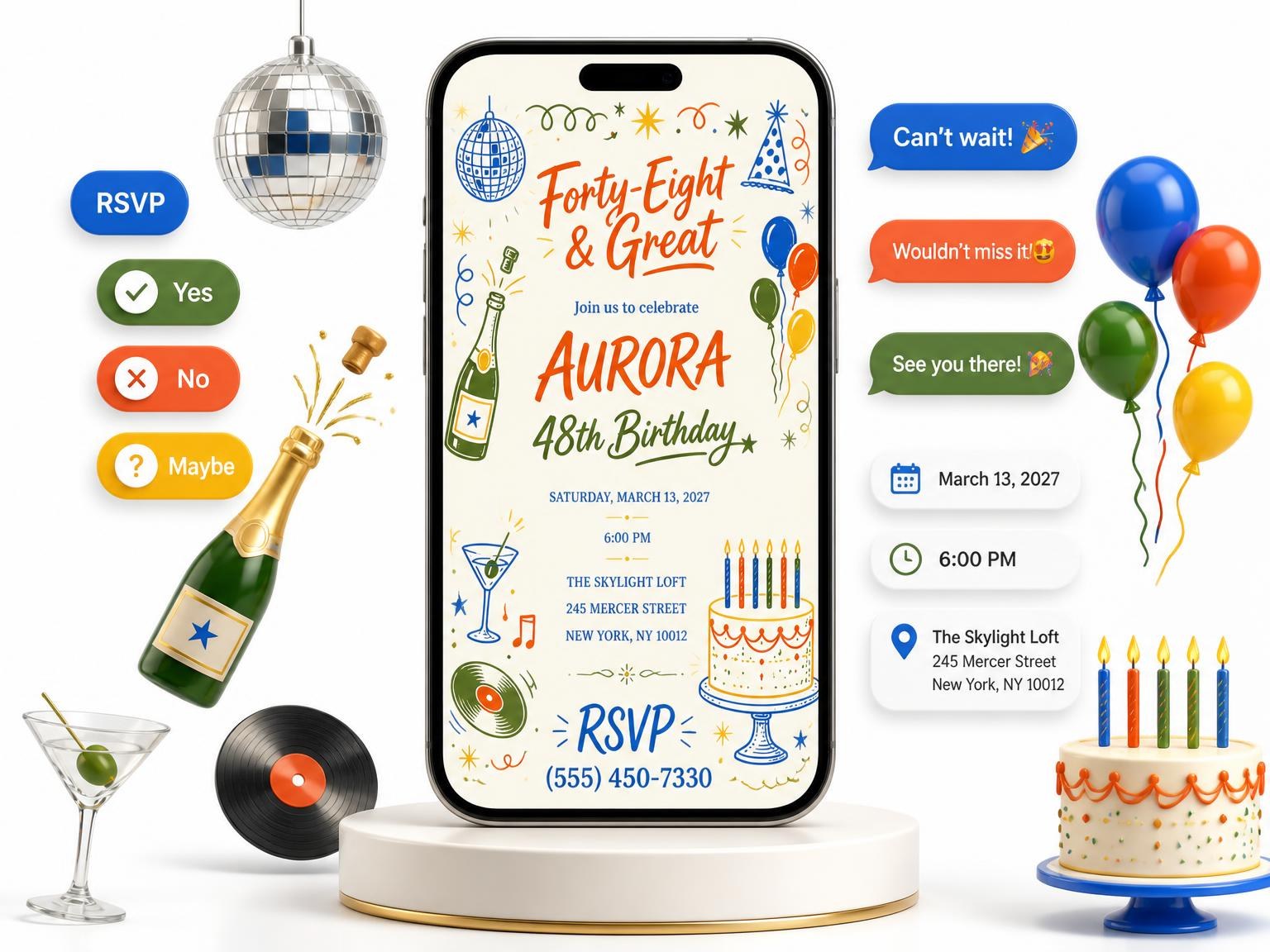 The Retro Doodle 48th Birthday Invitation invitation on a phone, with guest RSVPs arriving around it