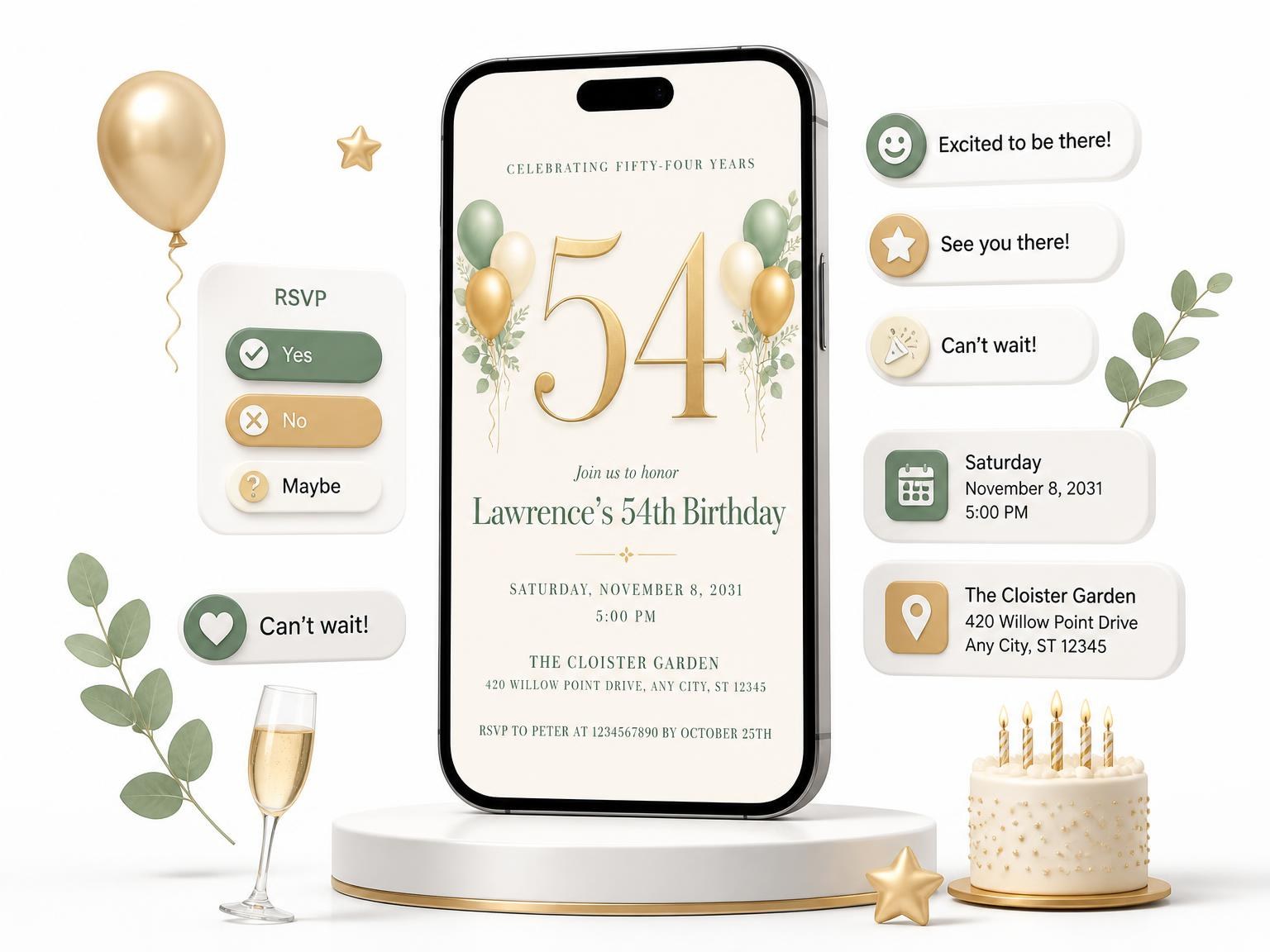 The Sage and Ivory 54th Birthday Invitation invitation on a phone, with guest RSVPs arriving around it