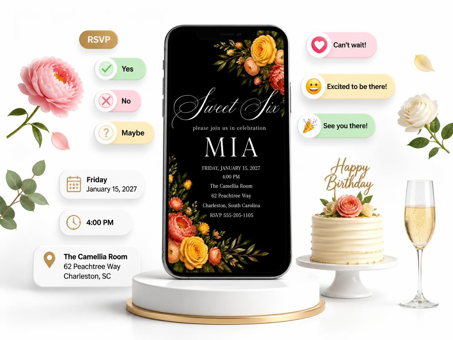 The Black Floral 6th Birthday Invitation invitation on a phone, with guest RSVPs arriving around it