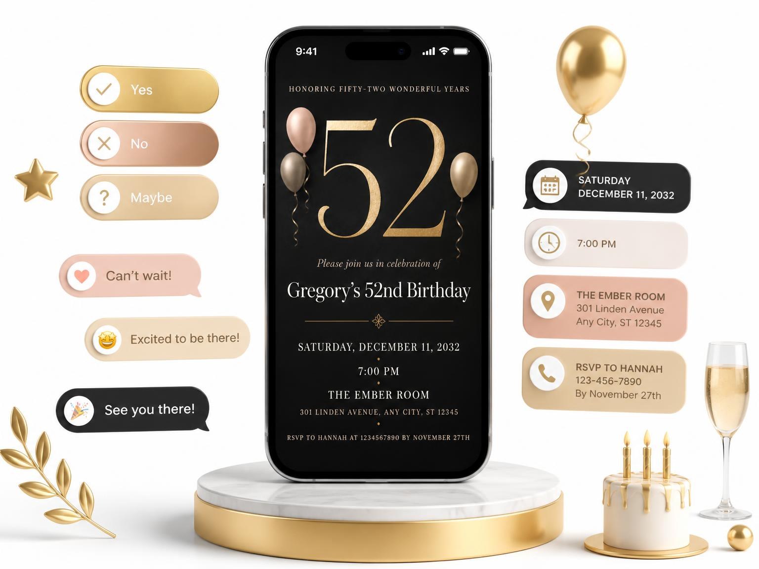 The Charcoal and Blush 52nd Birthday Invitation invitation on a phone, with guest RSVPs arriving around it