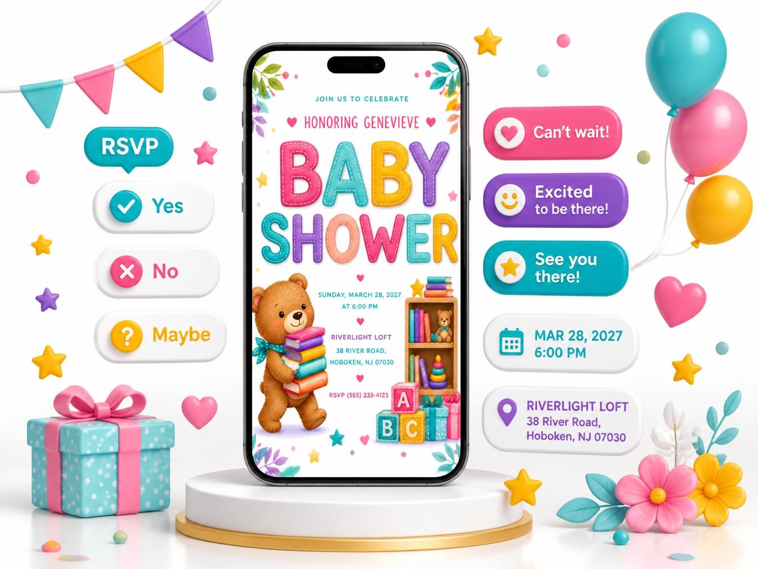 The Teal Storybook Baby Shower Invitation invitation on a phone, with guest RSVPs arriving around it