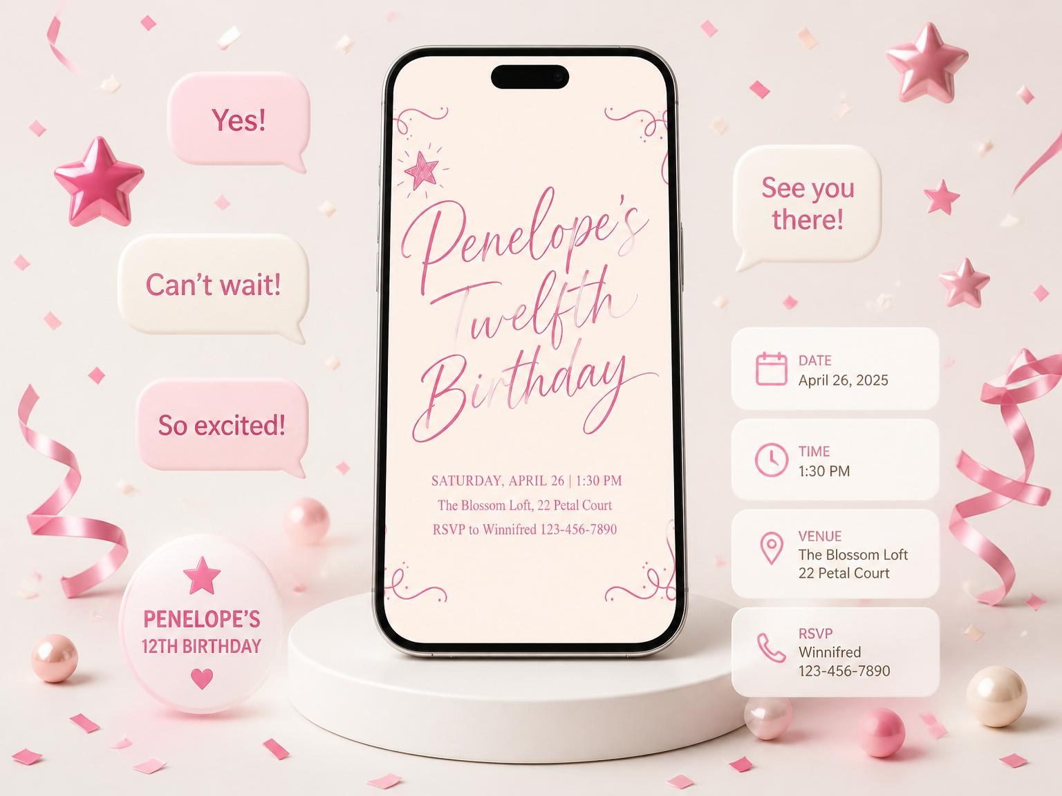The Pink Hand-Lettered Star 12th Birthday Invitation invitation on a phone, with guest RSVPs arriving around it